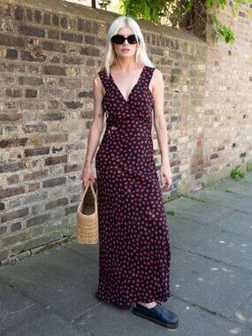 Realisation Par The Liv Maxi Dress Rosalita Black Red Floral Print Silk Size S